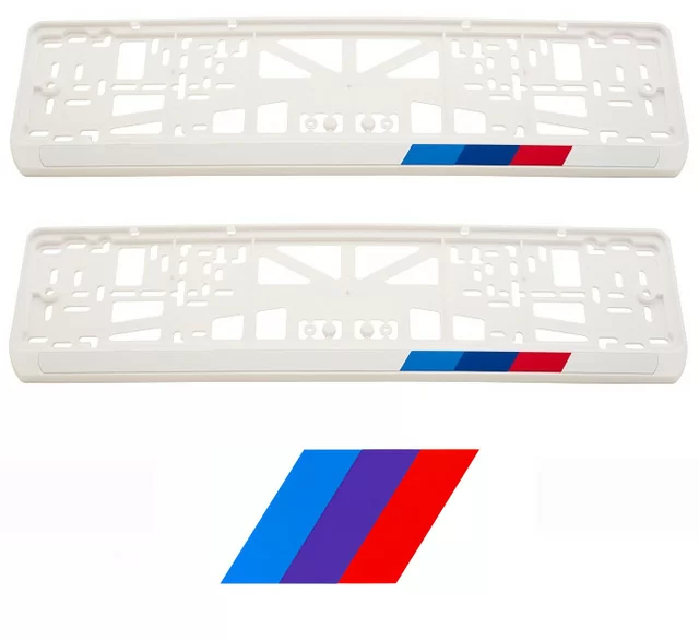 Рамки номерного знака BMW M (три полоски), белые, пластиковые, комплект: 2 рамки, 4 хромированных самореза