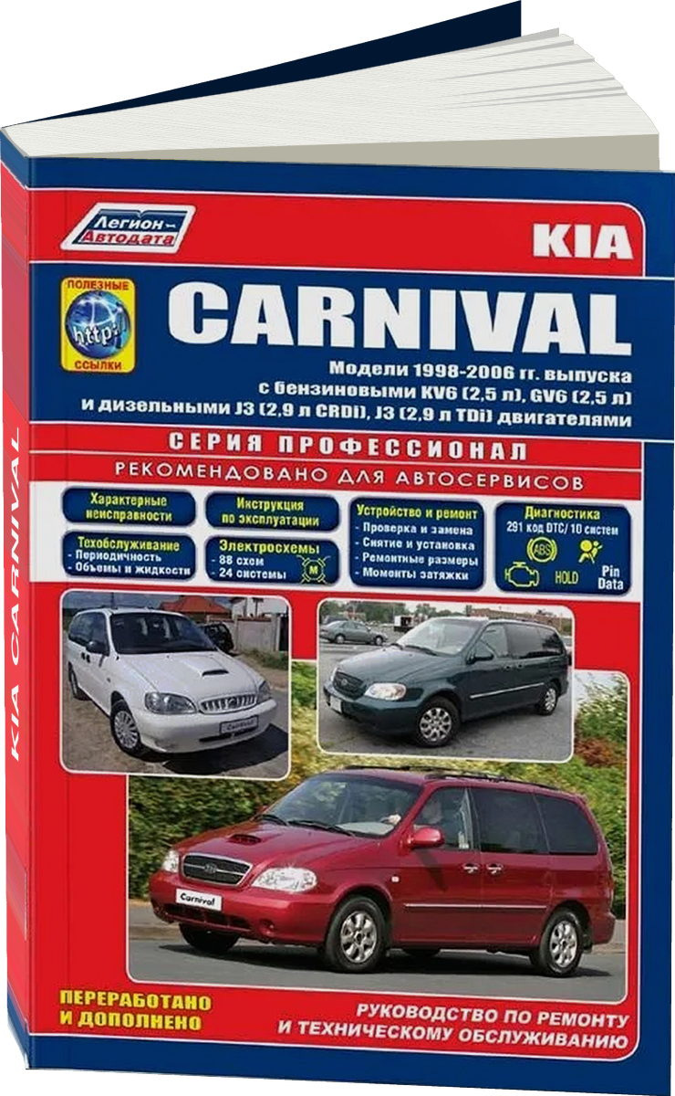 KIA CARNIVAL бензин / дизель 1998-2006 г.в. - подробное руководство по техническому обслуживанию и ремонту, инструкция по эксплуатации, электрические схемы