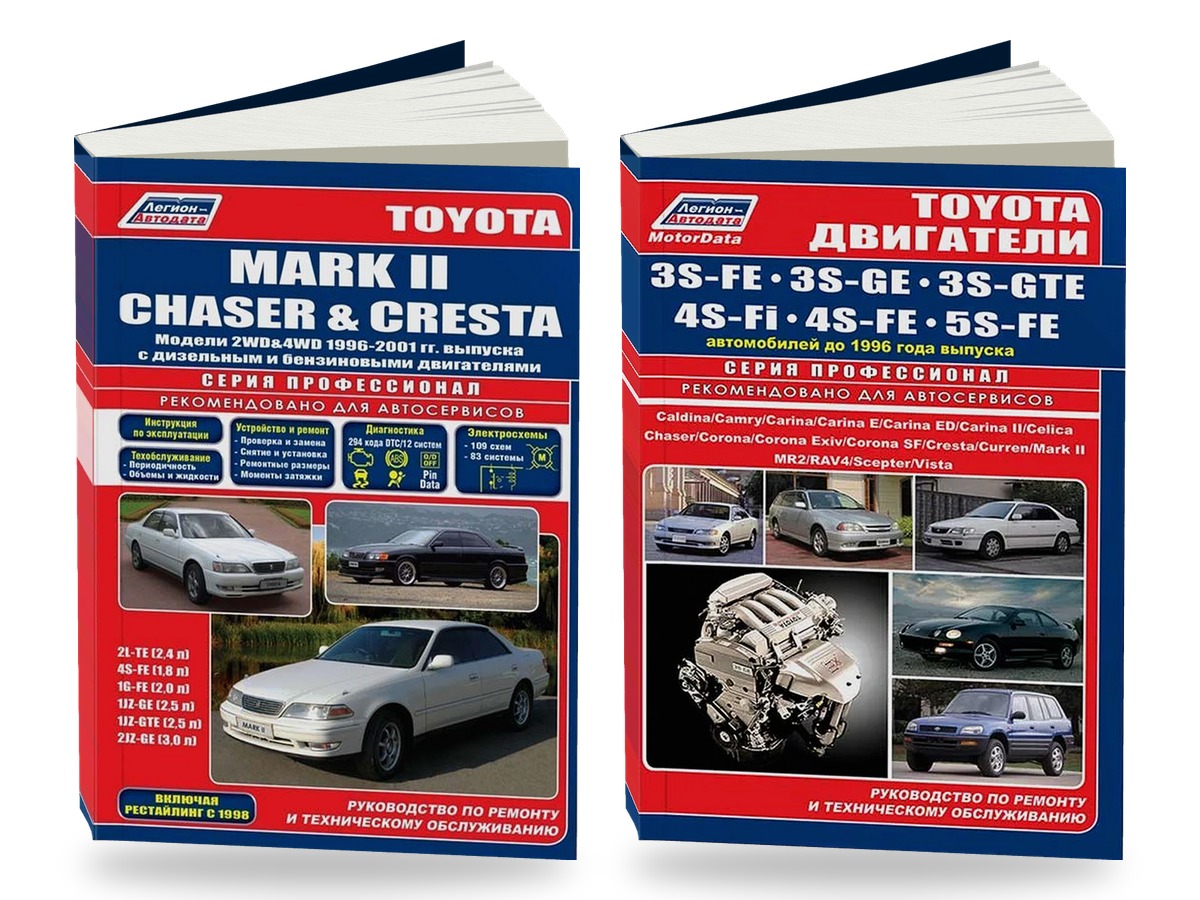 Комплект литературы по ремонту и обслуживанию Toyota Mark II / Chaser / Cresta 2WD и 4WD 1996-2001 года выпуска двигатели 3S-FE / 3S-GE и др